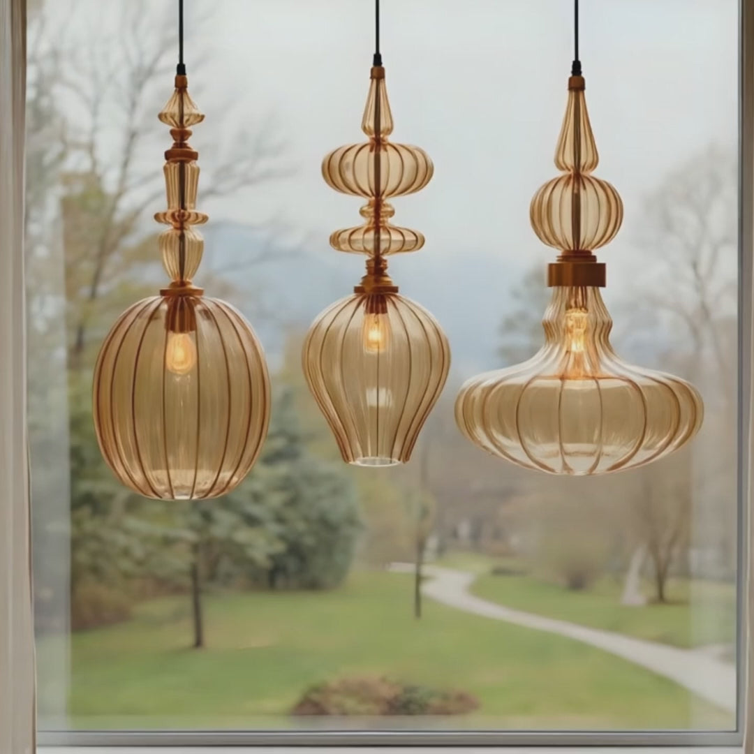 Amber Blown Glass Pendant Light Set Handmade